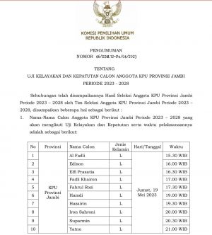 Hari Ini, 10 Calon Anggota KPU Provinsi Jambi Jalani Fit & Propertest