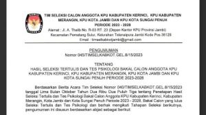 20 Besar Calon Anggota KPU Kerinci, Merangin, Kota Jambi dan Sungaipenuh Diumumkan, Cek Disini