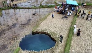 Lubang Besar Muncul di Areal Persawahan dengan Air Biru Kehijauan