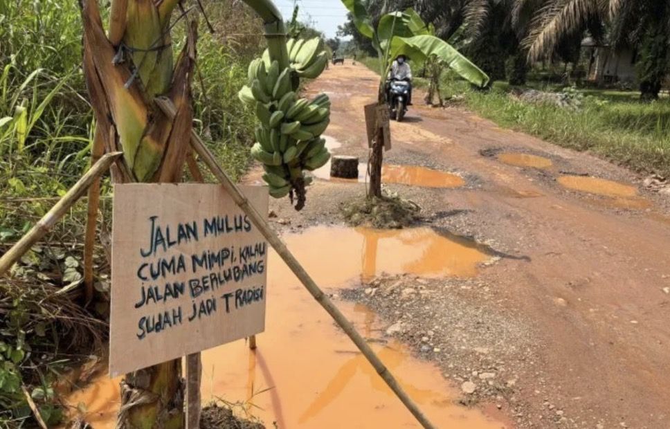 Jalan Mulus Cuma Mimpi, Warga Talang Belido Tanam Pohon Pisang di Jalanan Rusak